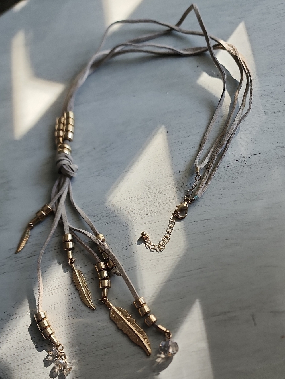 Boho Leather Gold Feather And Beads Pendant Necklace in Beige